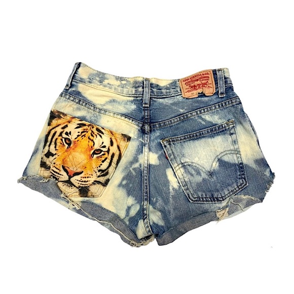 The Laundry Room Pants - Vintage Levis The Laundry Room Reworked Big Cat Distressed Bleached Cutoffs S